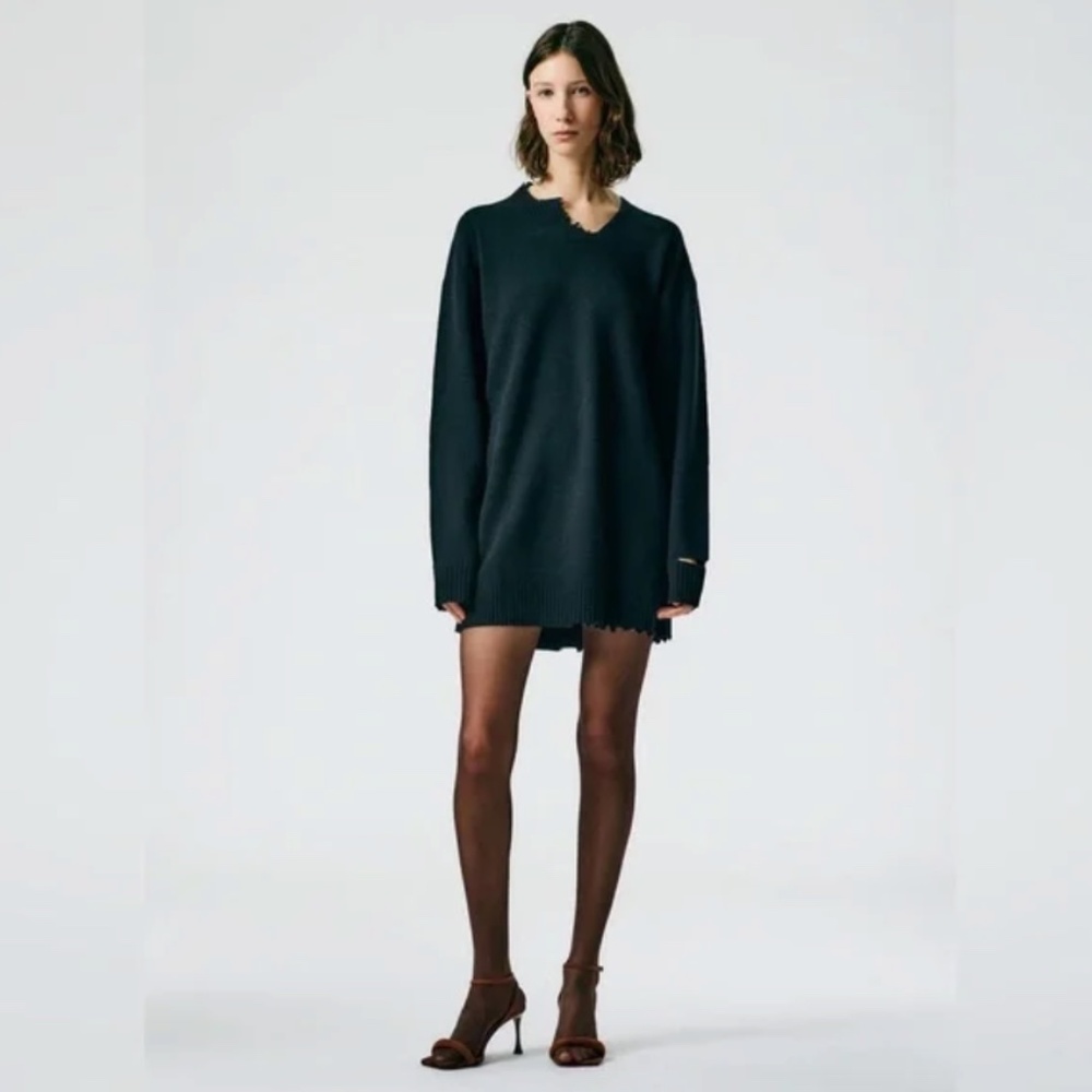 Tibi Black Distressed V-Neck Oversized Crew Sweater - Picture 2 of 4